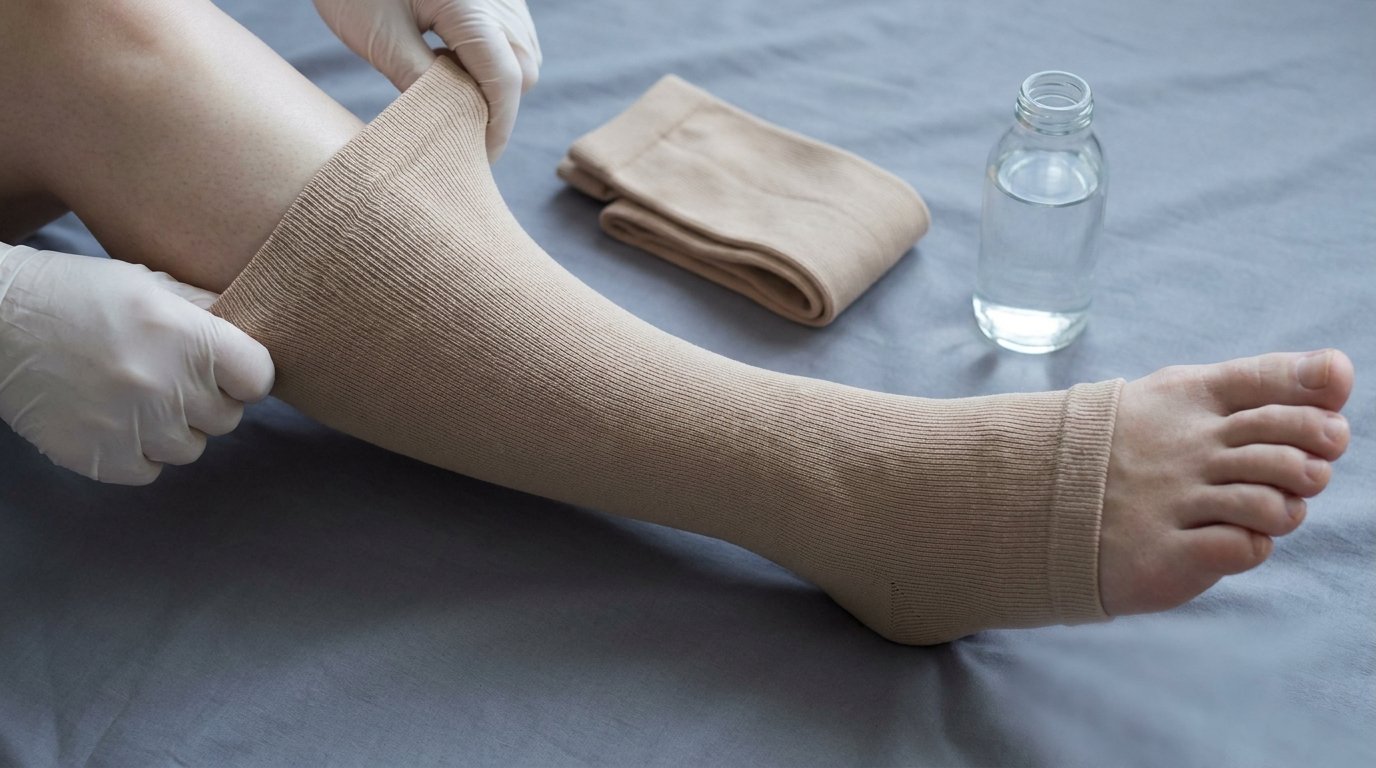 Two hands pulling a graduated compression stocking up a calf, with a second folded stocking and a water bottle resting nearby on plain fabric.