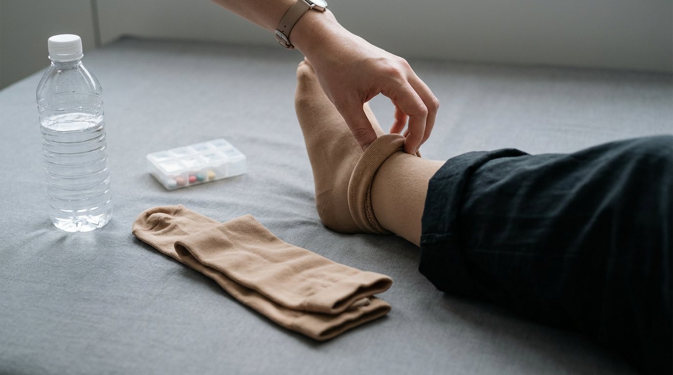 A hand rolling a graduated compression stocking onto a lower leg, with a second folded stocking, a water bottle and a pillbox resting on a plain surface.