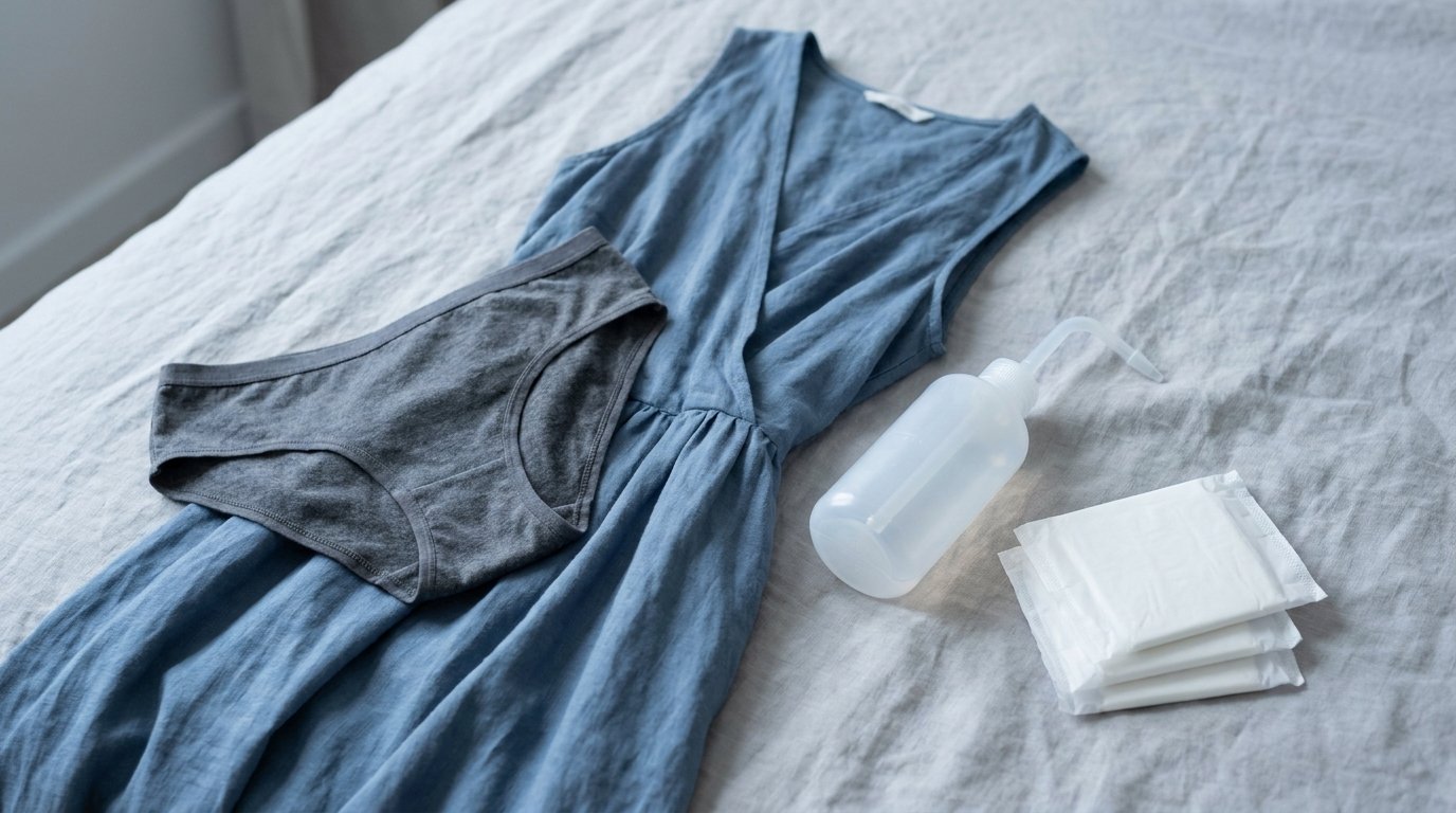 Flat-lay of loose cotton underwear, a loose dress, a plain peri rinse bottle and soft unscented pads on a neutral bed cover.