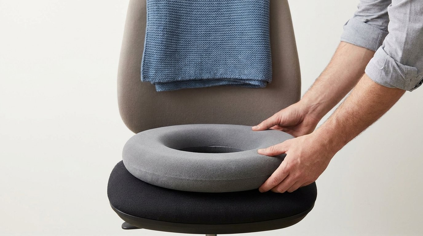 Hands placing a soft ring-shaped pressure-relief cushion onto a plain office chair seat with a folded blanket over the back.