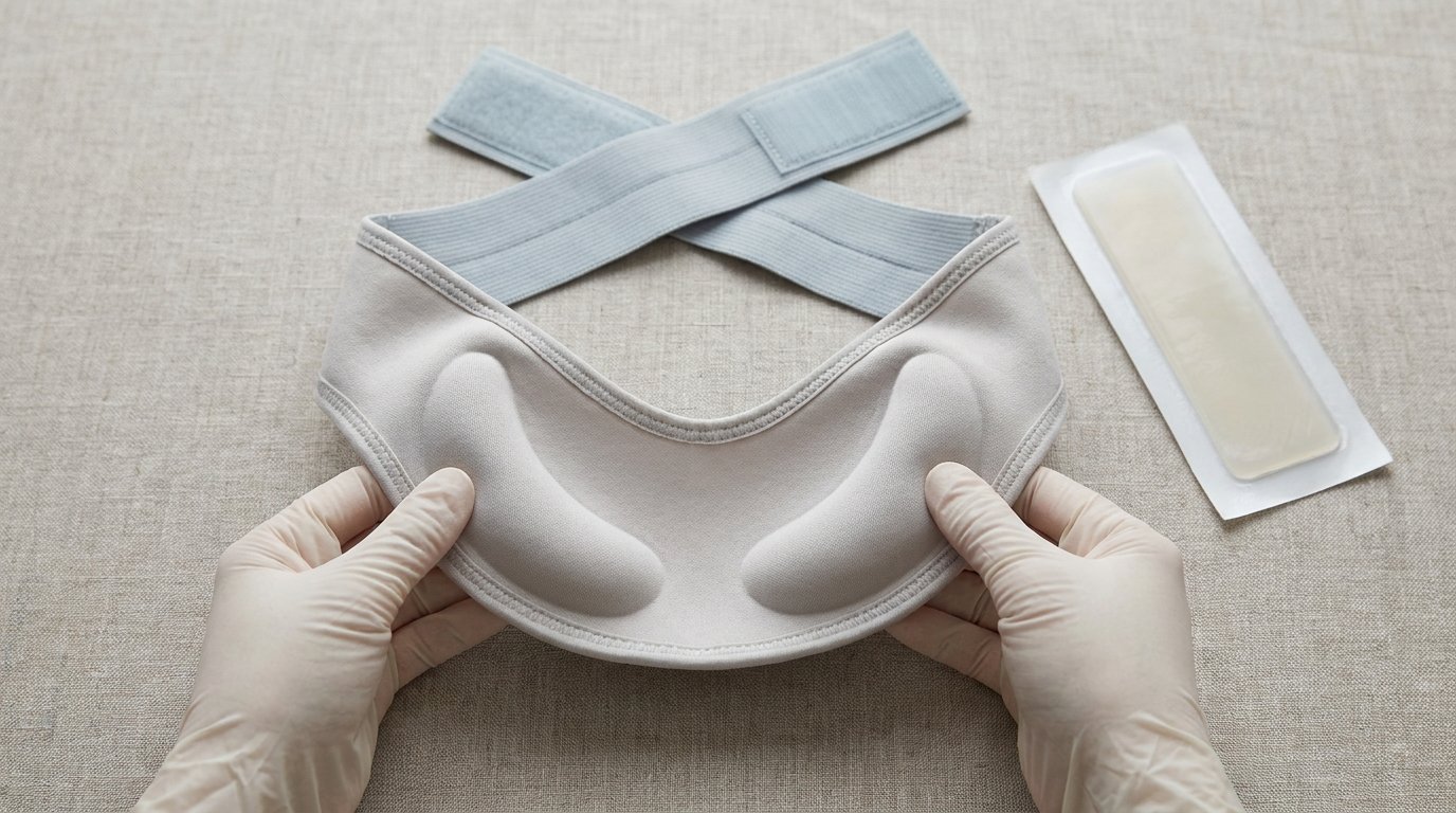 Hands holding an open chin-and-neck compression strap on a neutral surface with a silicone sheet nearby.