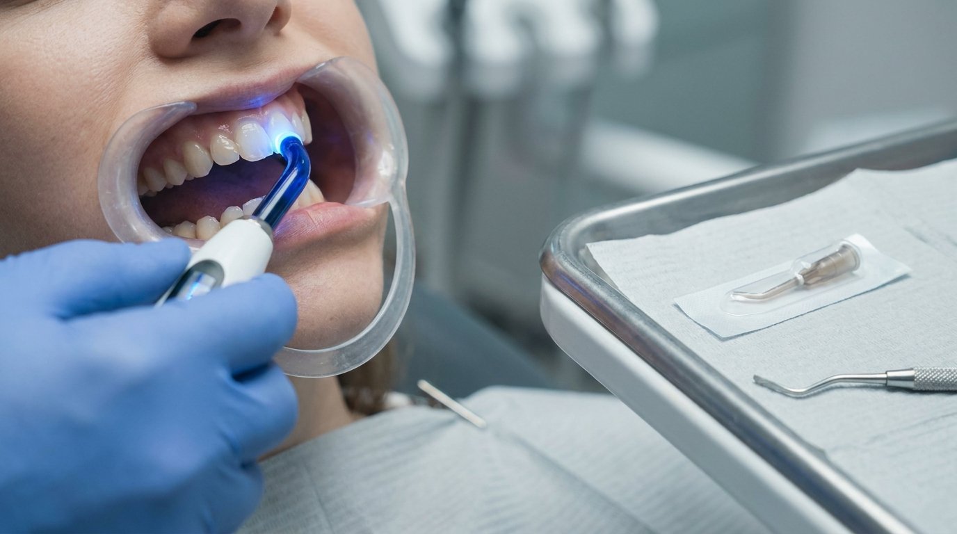 A gloved dentist directs a blue curing light at a single front tooth coated with composite resin, lip held back by a mirror.