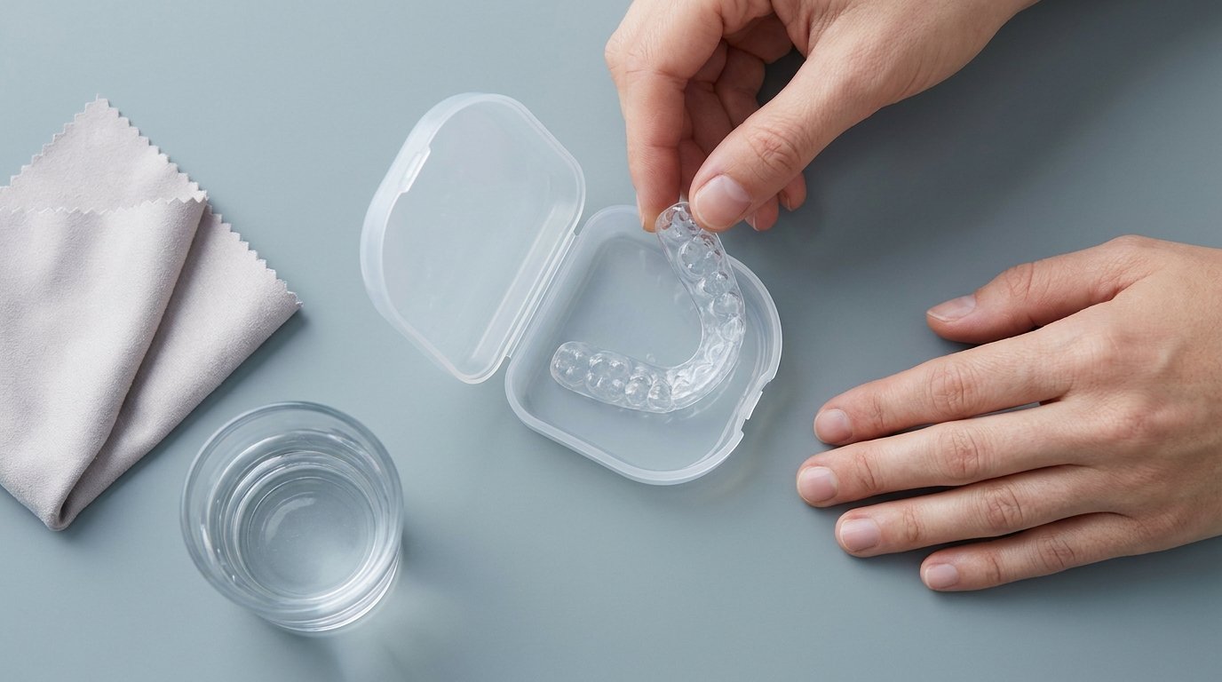 Hands lift a clear moulded night guard from its vented case on a plain surface, a folded cloth and glass of water nearby.