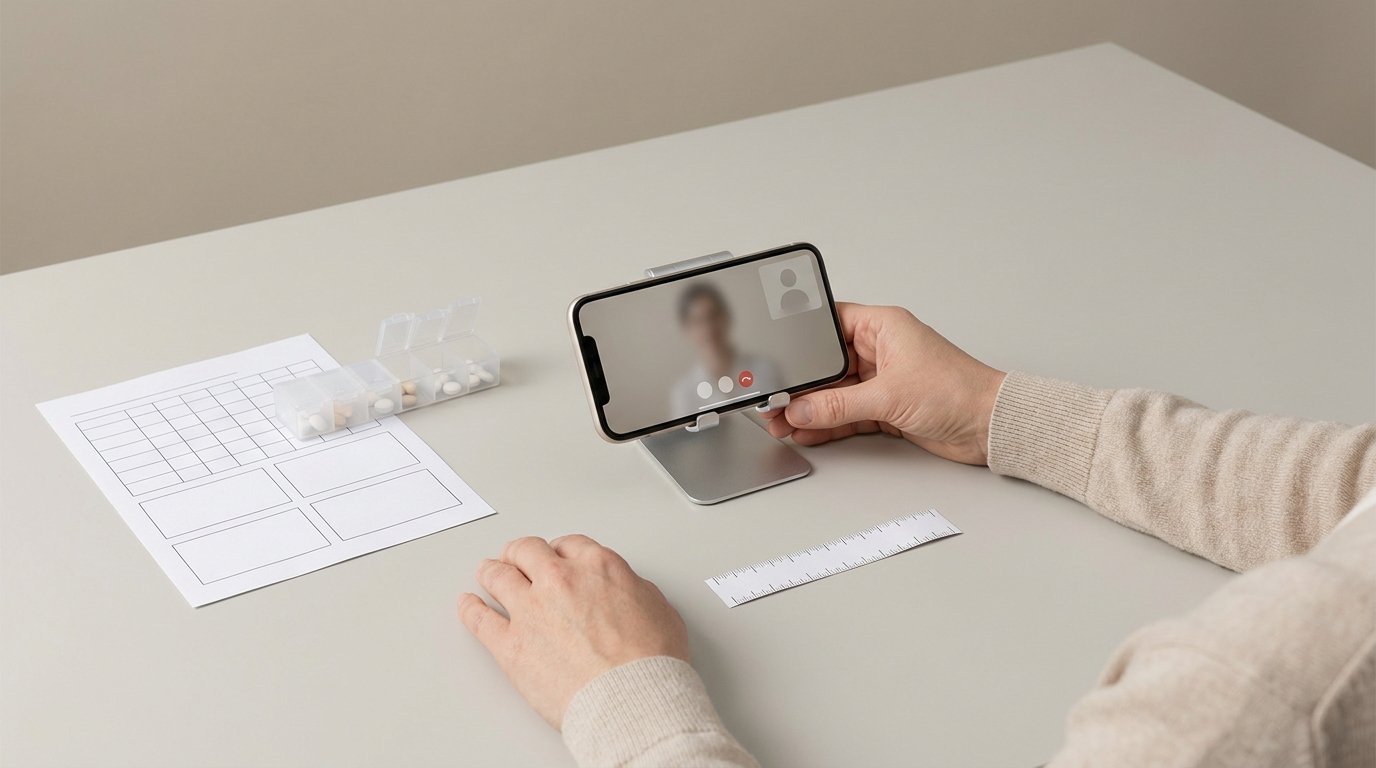 A propped smartphone on a stand beside a medication schedule sheet, a pill organiser and a small ruler on a plain table, with two hands steadying the phone.