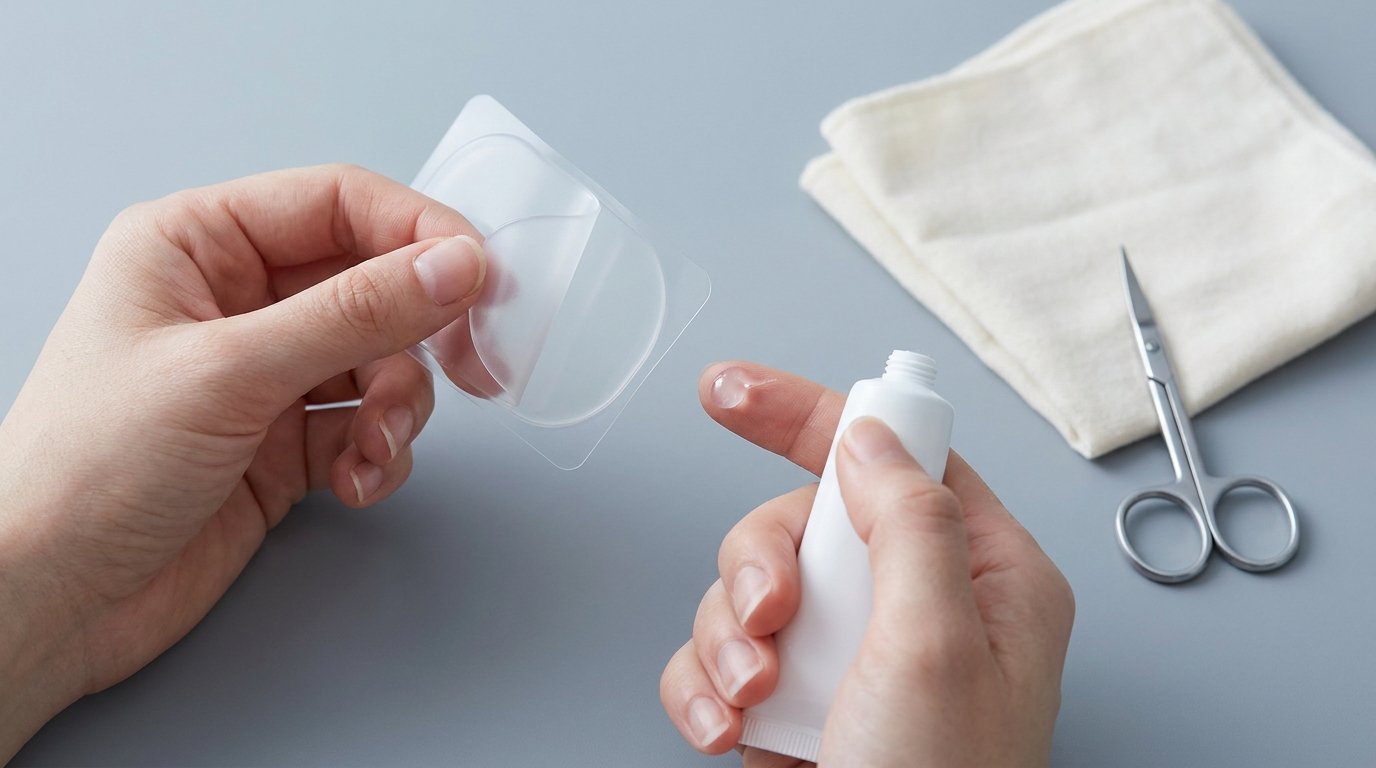 Hands holding a translucent silicone scar sheet peeled from its backing and a small tube of silicone gel with a bead on a fingertip, on a plain surface.