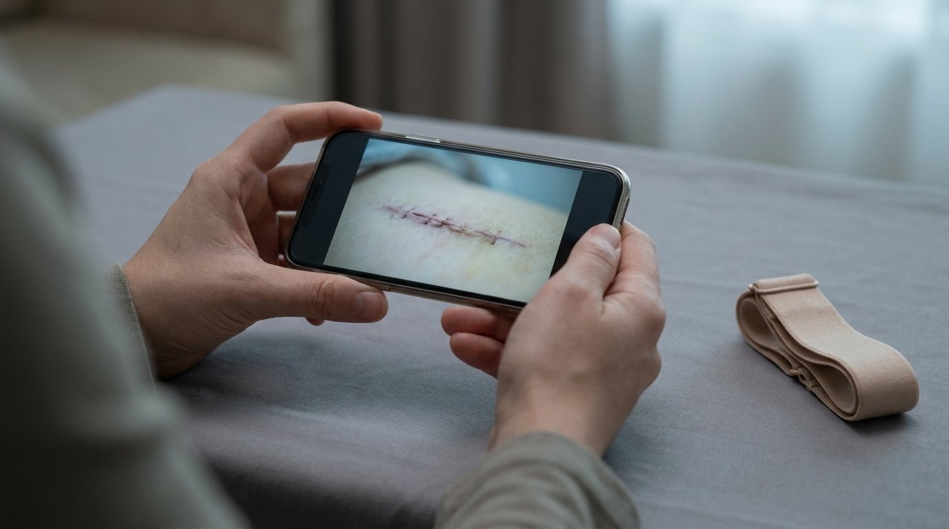 Two hands holding a smartphone in landscape showing a close-up photo of a healing incision line, on a plain surface with a folded bra strap nearby.