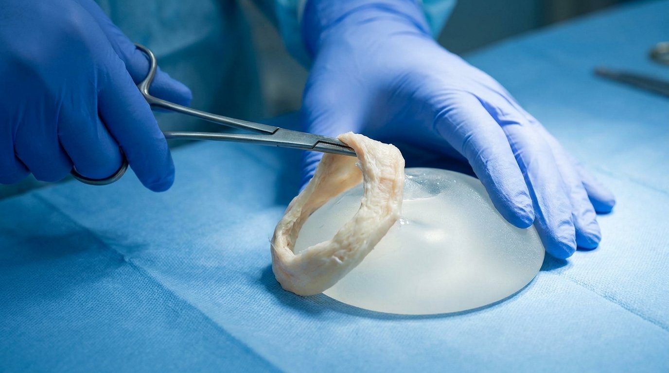 Gloved hands using forceps to lift fibrous capsule tissue beside a removed silicone implant on a sterile drape.