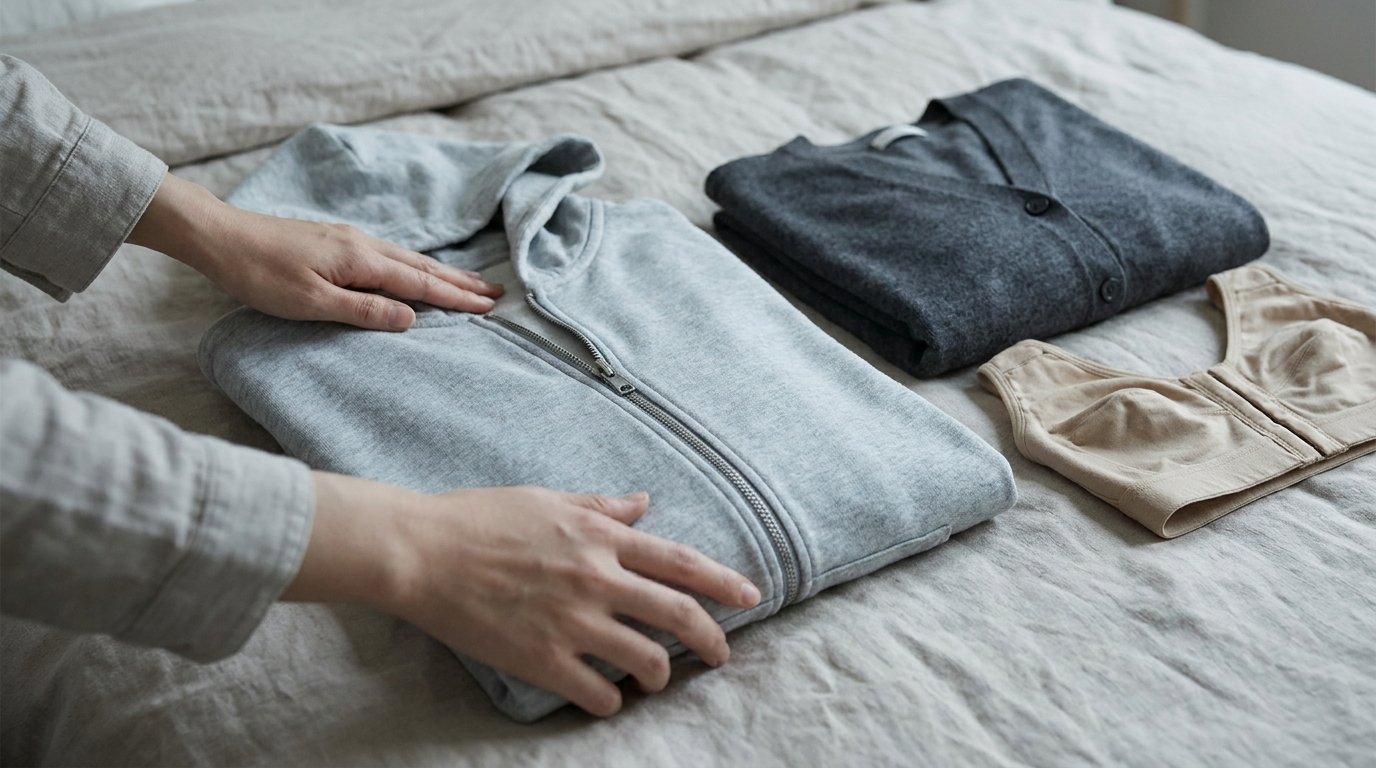 Hands laying out a front-zip loose top and a front-closing bra on a bed.