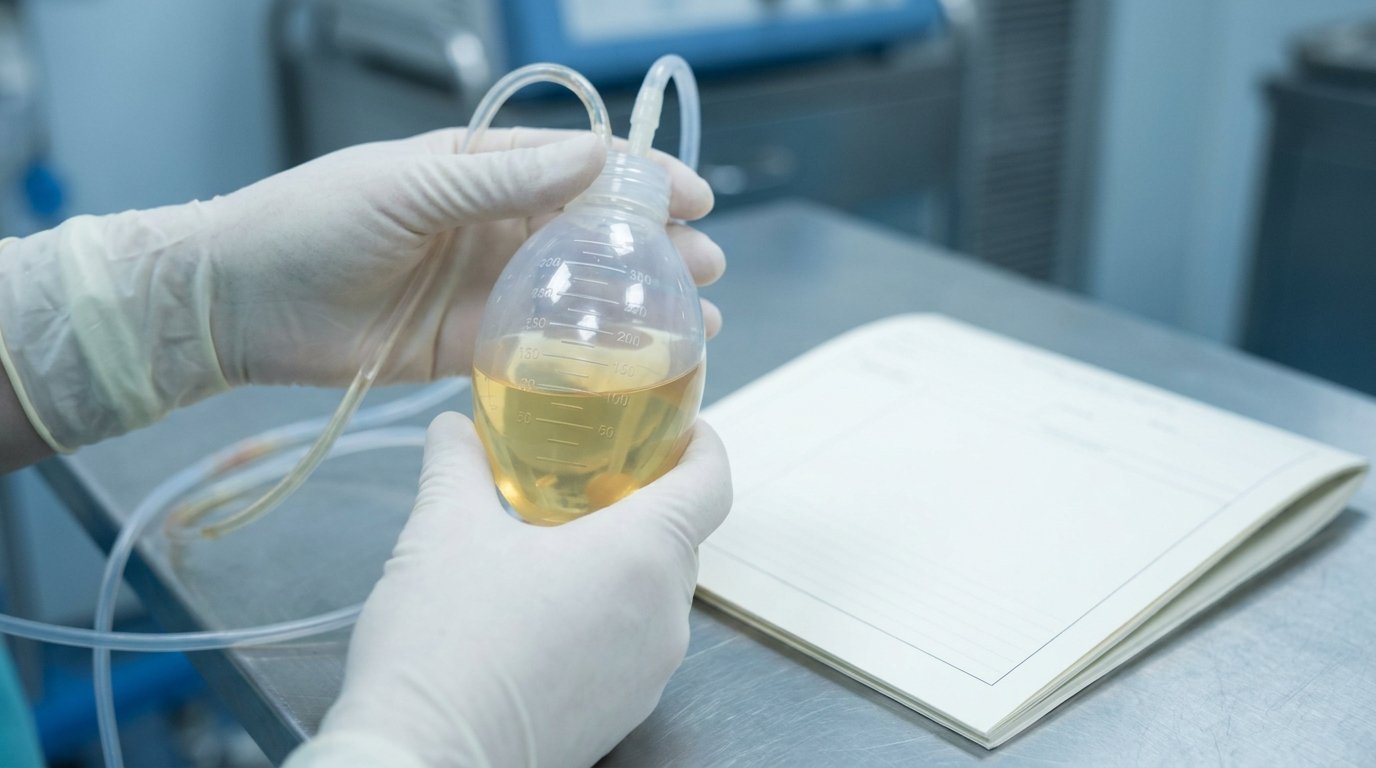 Gloved hands holding a clear graduated surgical drain bulb with visible fluid over a plain surface, thin tubing trailing off.