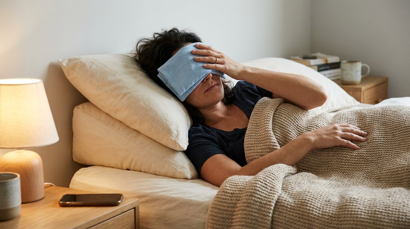 A woman reclining with head elevated on stacked pillows and a folded cold compress over her closed eyes.