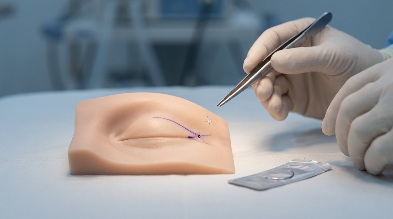Gloved hands with fine forceps beside an eyelid model marked with a small incision and suture at the outer corner.