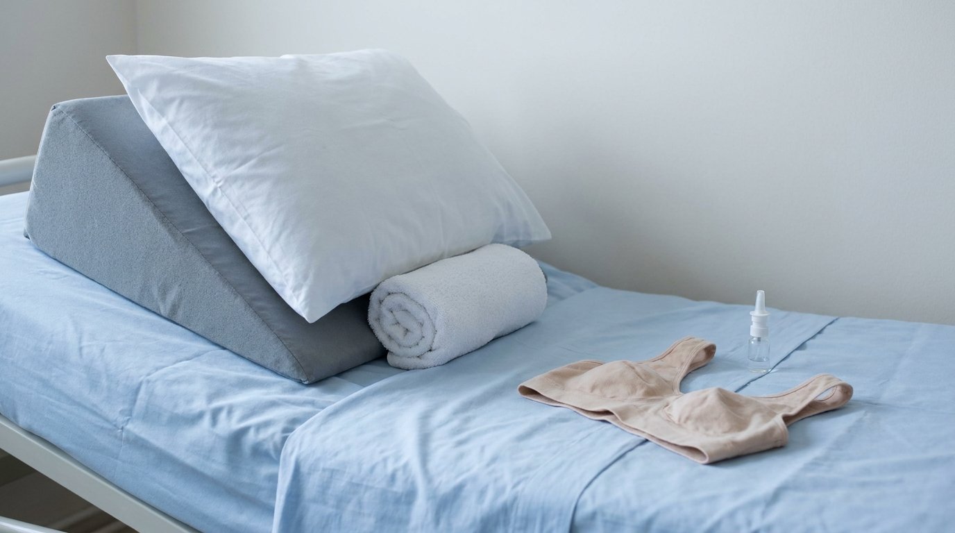 A foam wedge pillow on a bed with a folded surgical bra and a small nasal spray bottle beside it.