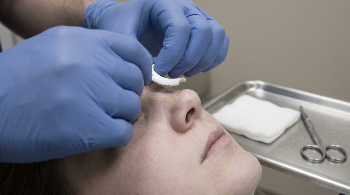Gloved hands lifting a small rigid nasal splint off the bridge of a nose, with gauze and scissors on a tray nearby.