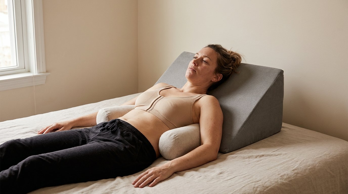Woman lying on her back on an elevated foam wedge pillow wearing a surgical bra, arms at her sides with support pillows.