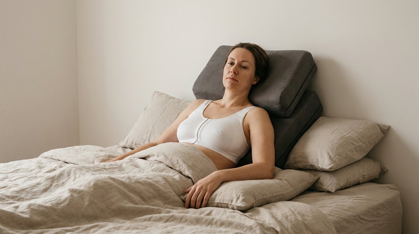 A woman reclined semi-upright on a stack of wedge pillows in a compression bra, arms resting low at her sides.
