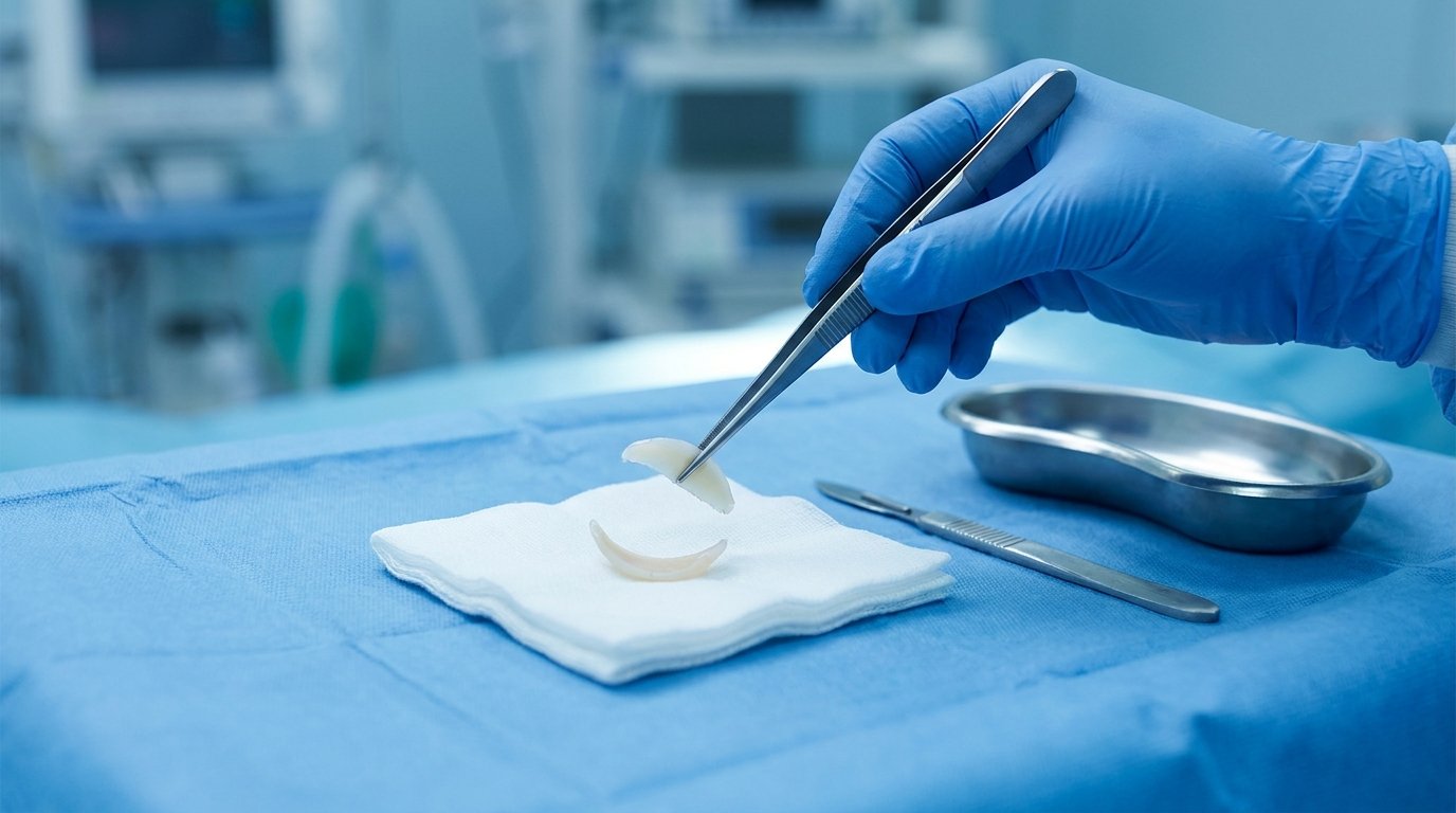 Gloved hands holding forceps with a small piece of cartilage on gauze beside a scalpel and metal dish on a blue surgical drape.