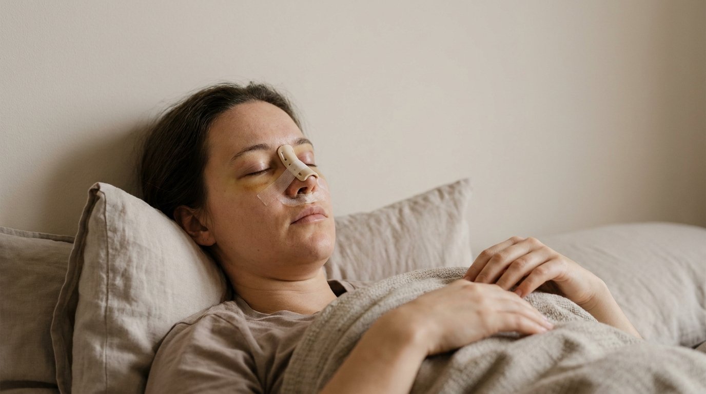 A person resting with head elevated wearing a taped splint across the nose bridge and faint bruising under both eyes against a plain wall.