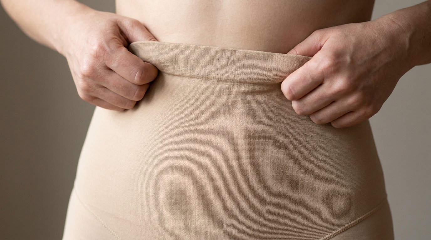 Two hands smoothing a beige high-waist medical compression garment flat against the abdomen after liposuction.