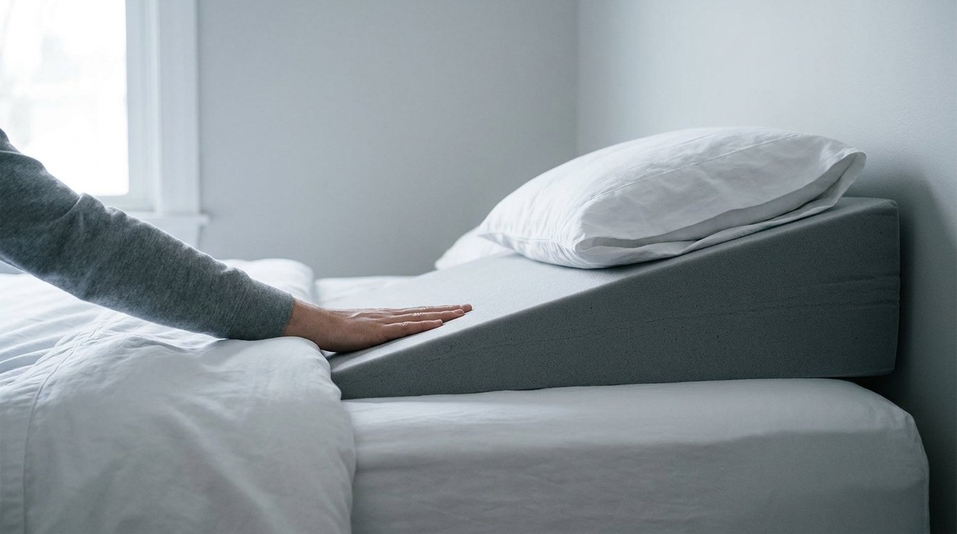 A firm foam wedge pillow angled on a made bed, one hand checking its slope, prepared for elevated sleeping.