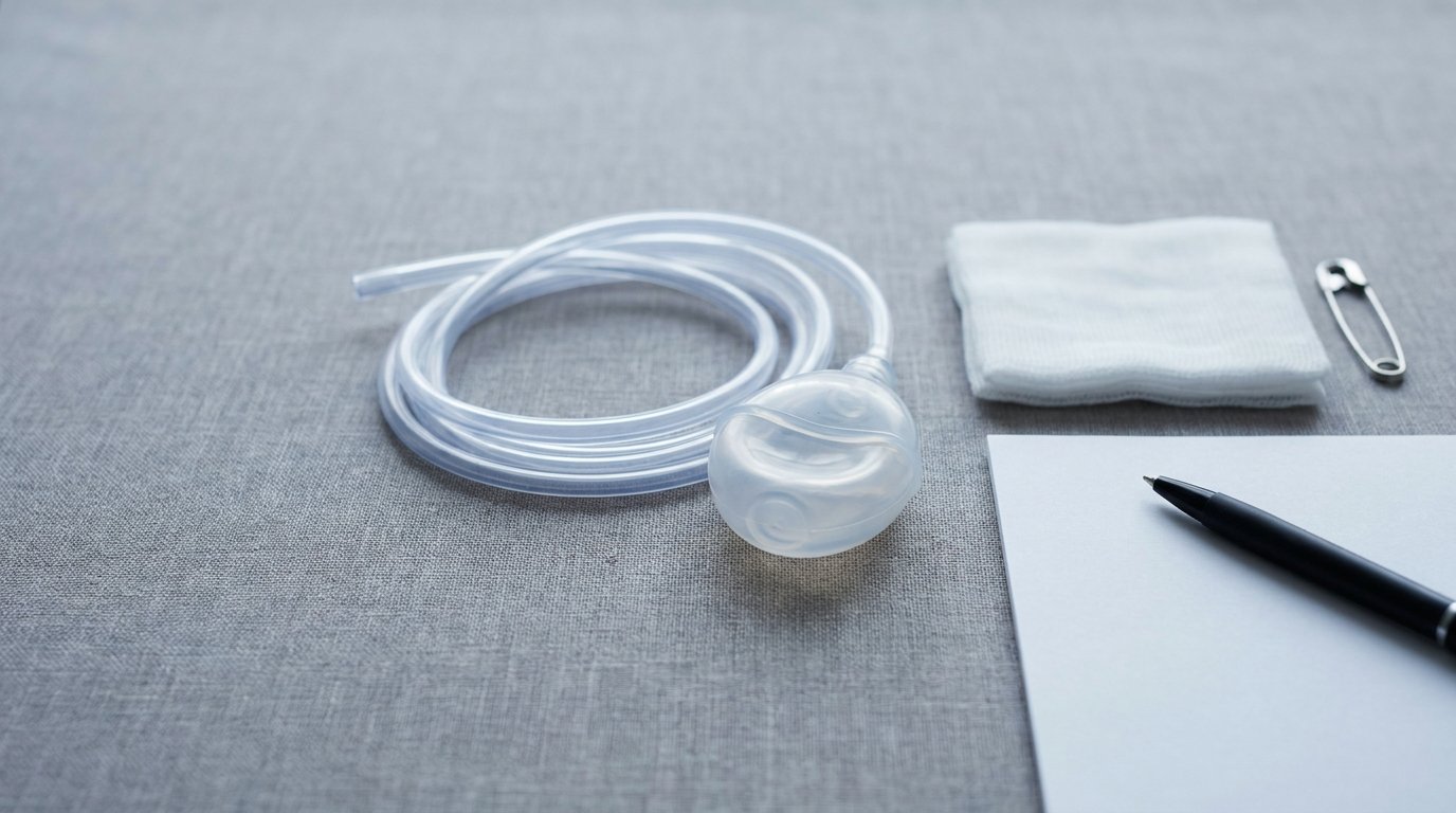 Flat-lay of a clear surgical bulb drain, tubing, a measuring log, pen, safety pin and gauze on a plain surface