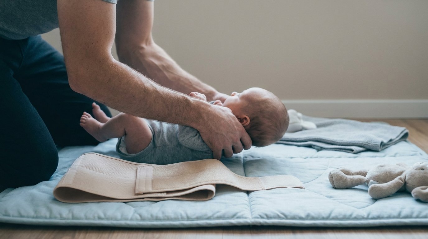 Two hands lifting a baby from a playmat with a flat abdominal compression binder lying beside them