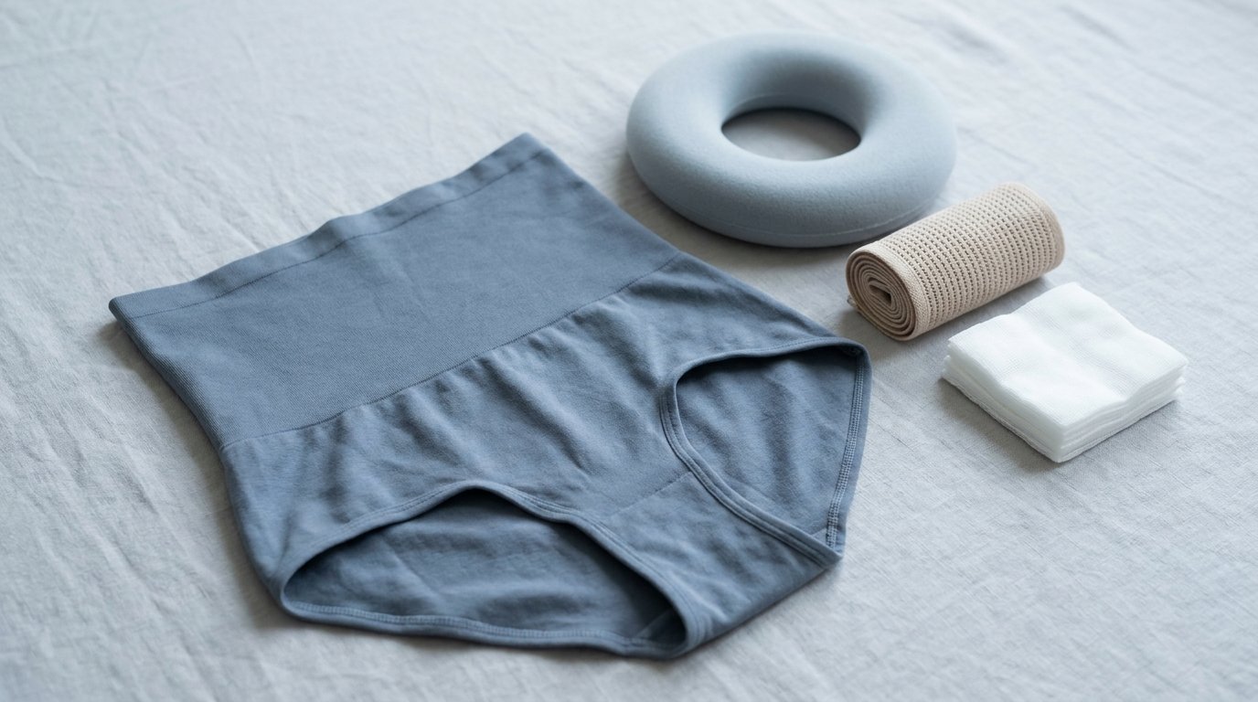 Flat-lay of a folded medical compression garment, a coiled surgical drain with collection bulb, gauze and dressing pads, with two hands smoothing the fabric.