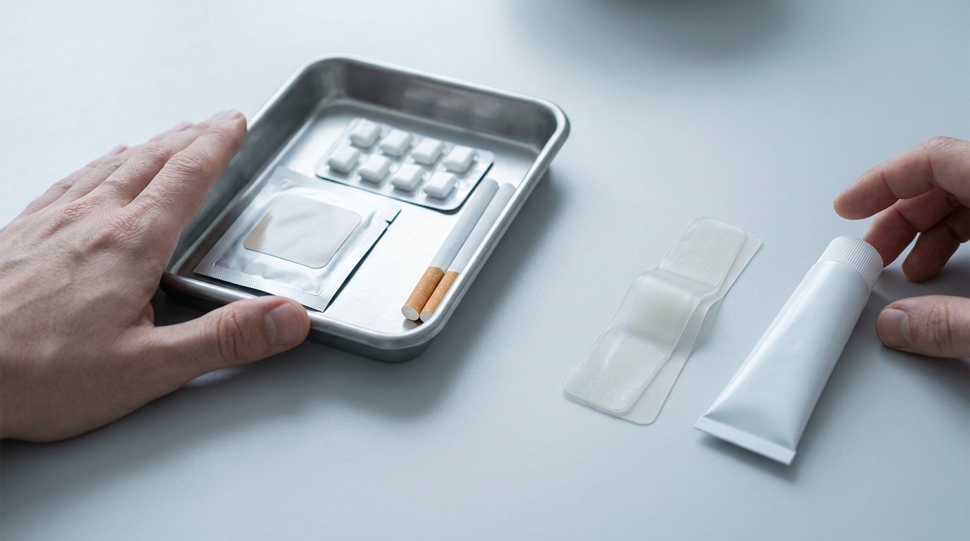 Still-life with nicotine patch, gum and cigarettes pushed aside by a hand, separated from surgical scar tape and a tube of scar cream on a plain surface.