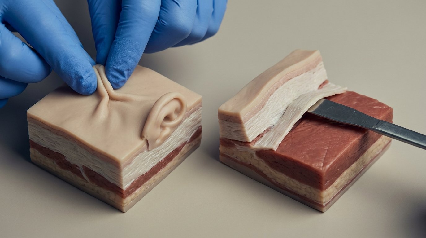 Two silicone facial tissue cross-section models on a plain surface, one showing surface skin pinched upward and one showing a blunt instrument lifting the deeper layer beneath the SMAS.