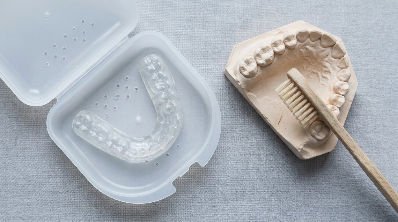 A clear custom dental night guard in its open case beside a stone model of an upper tooth arch and a small brush.