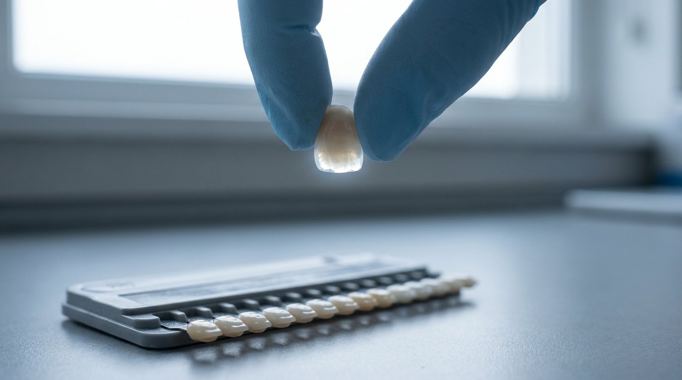 Gloved fingertips holding a single porcelain crown up to backlight, its thin edge glowing, with a dental shade guide fan lying nearby.