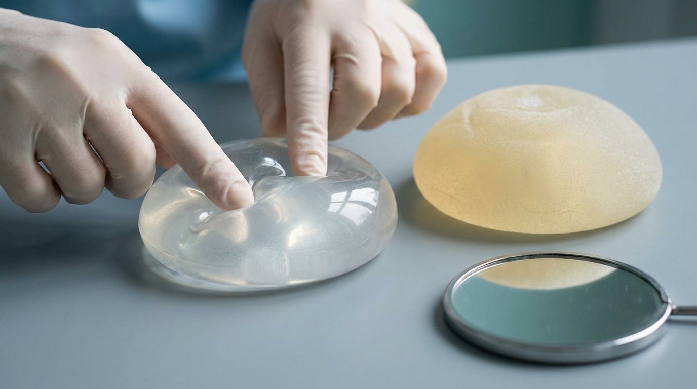 Two hands pressing a soft gel-encased implant beside a second implant trapped in a rigid thickened shell, a hand mirror lying flat nearby.