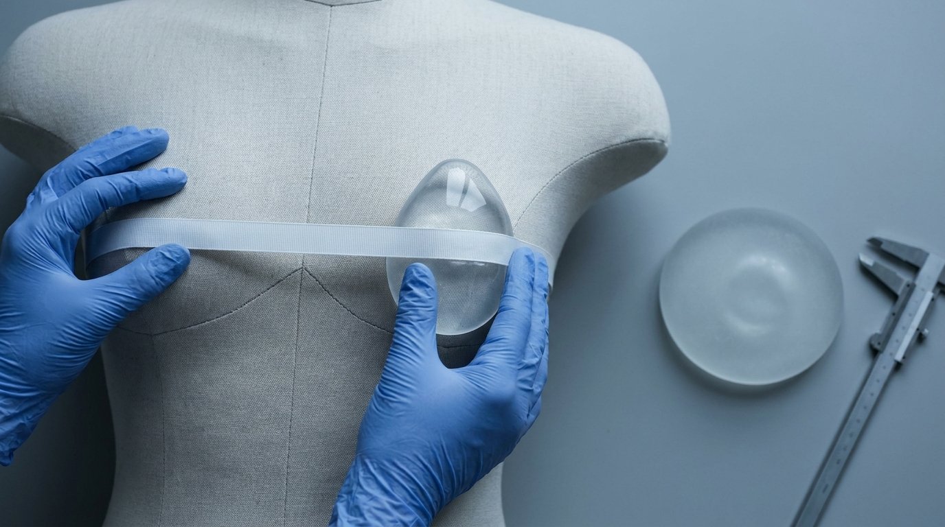 Two gloved hands holding a silicone implant against a measuring tape on a torso form, with a larger implant and caliper resting beside them.