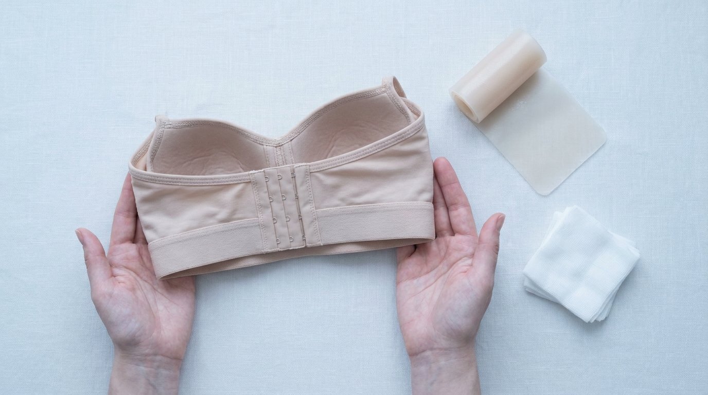 Hands holding a front-closure compression surgical bra on a pale surface with silicone scar sheeting and gauze pads nearby.
