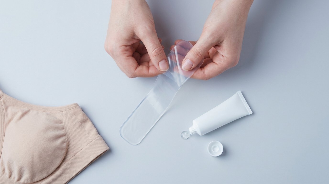 Hands peeling a translucent silicone scar sheet from its backing beside an open tube of silicone gel and a folded support bra on a plain surface.