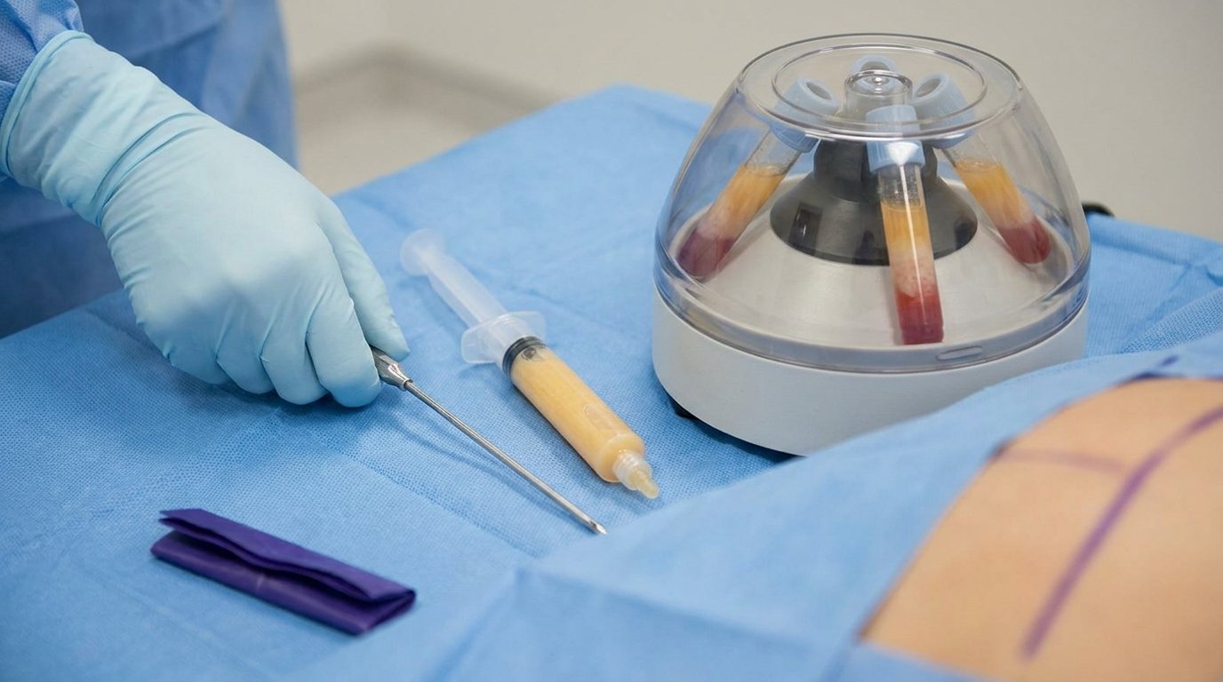 Gloved hand with a liposuction cannula beside a syringe of purified fat and a centrifuge tube showing separated layers on a sterile drape.