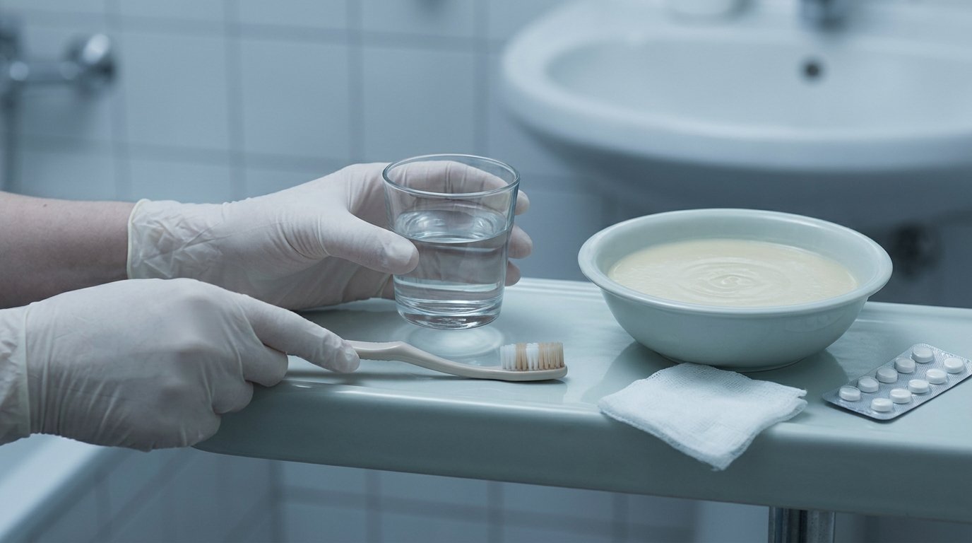 Two hands holding a glass of clear mouth rinse over a soft toothbrush, beside a bowl of smooth soft food, gauze and tablets.