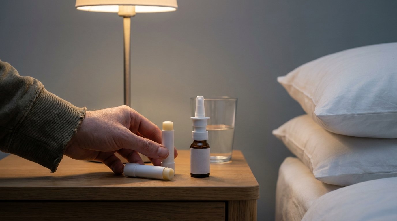 Bedside table at night with water glass, saline spray, open lip balm and raised pillows, one hand reaching for the balm.