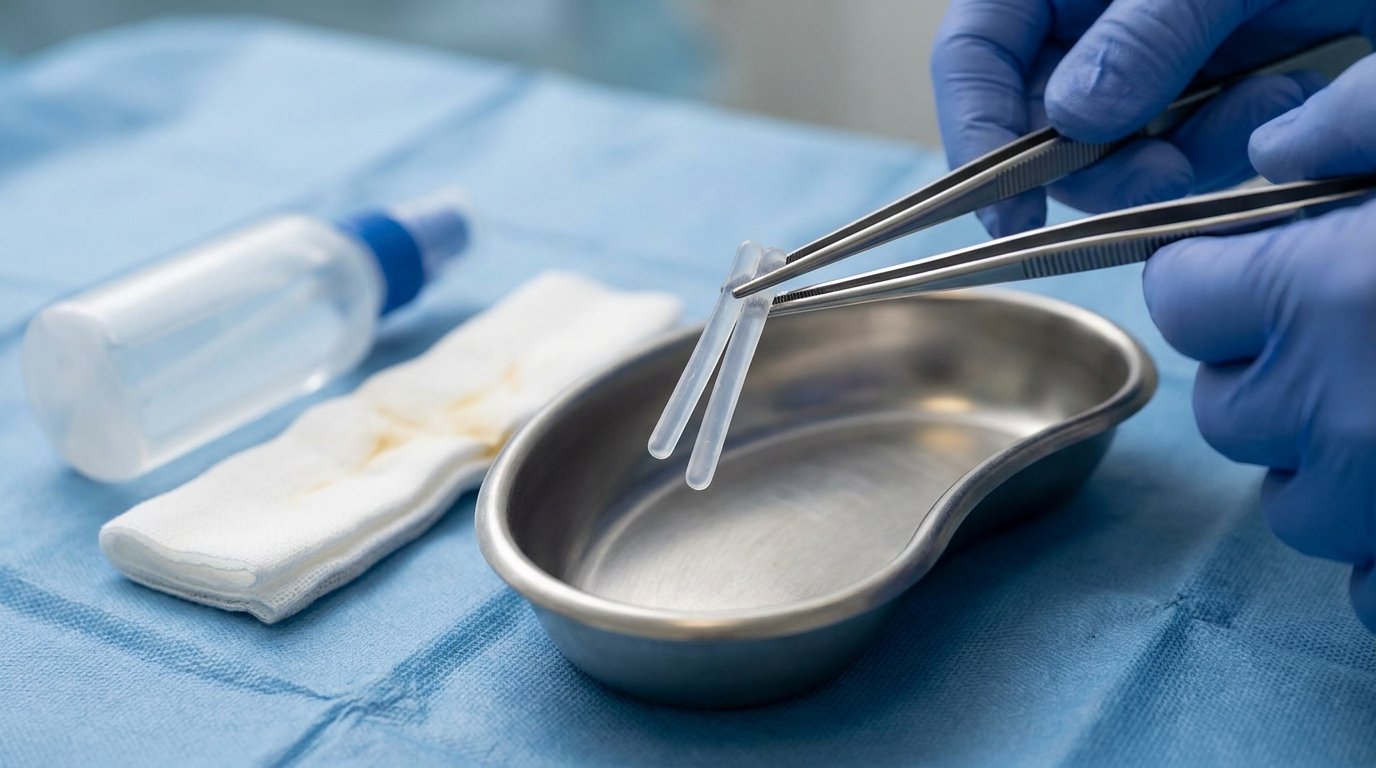 Gloved hand holding two clear silicone nasal splints with forceps over a steel kidney dish, gauze and saline bottle nearby.
