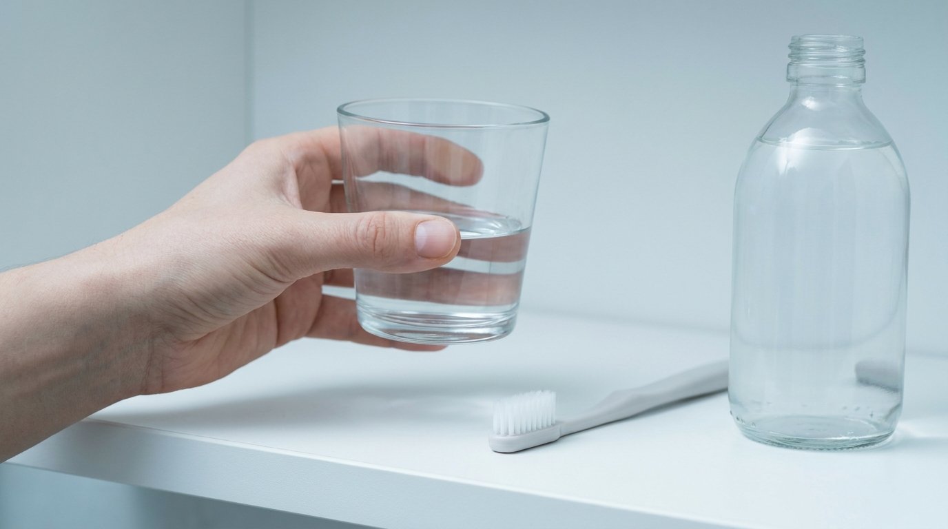 Hands lifting a glass of clear mouth rinse beside a soft toothbrush and unmarked bottle on a plain shelf