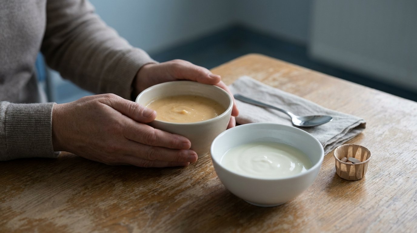 Two hands holding a bowl of smooth soup beside yogurt and a paper cup of pills on a plain table