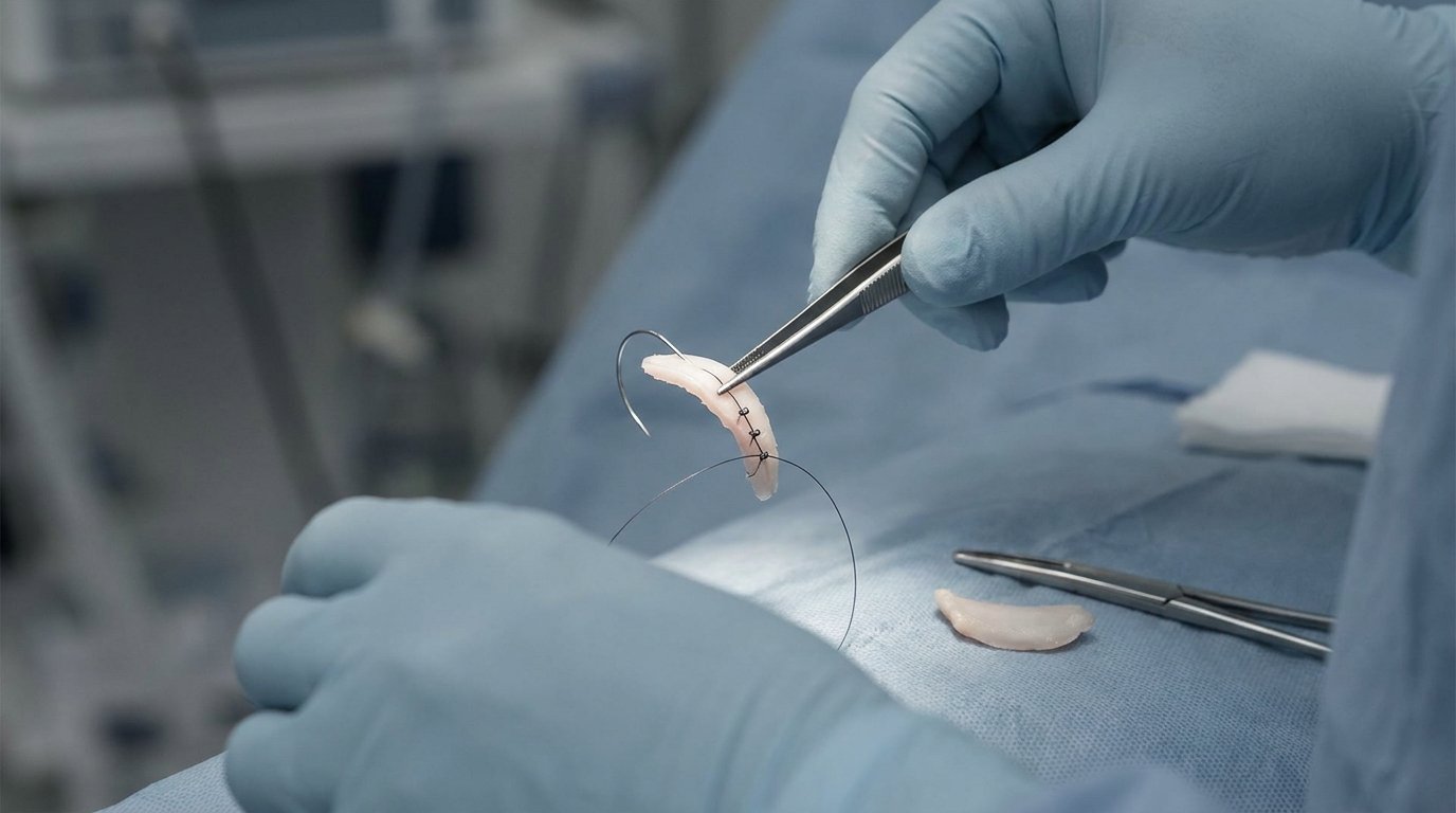 Gloved hands holding a small cartilage graft with forceps and stitching it with a fine suture needle and thread over a blue sterile drape.