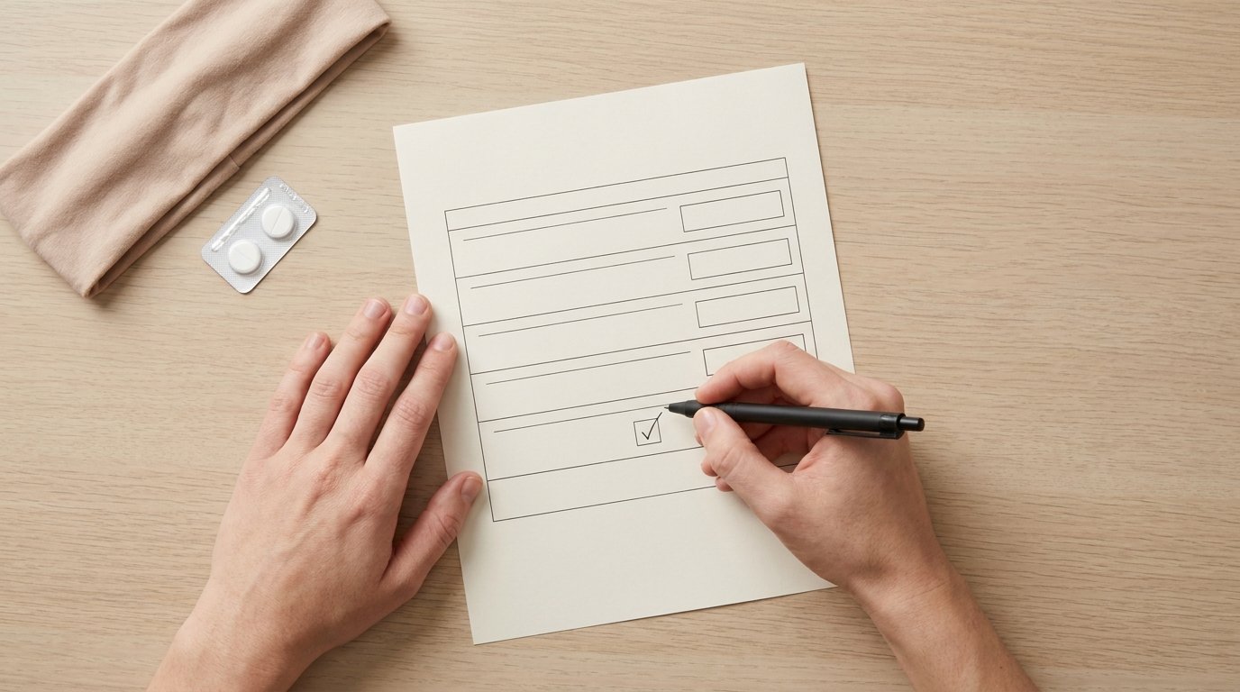 Hands with a pen reviewing a plain itemised cost sheet with separate rows, beside a head band and pill blister.