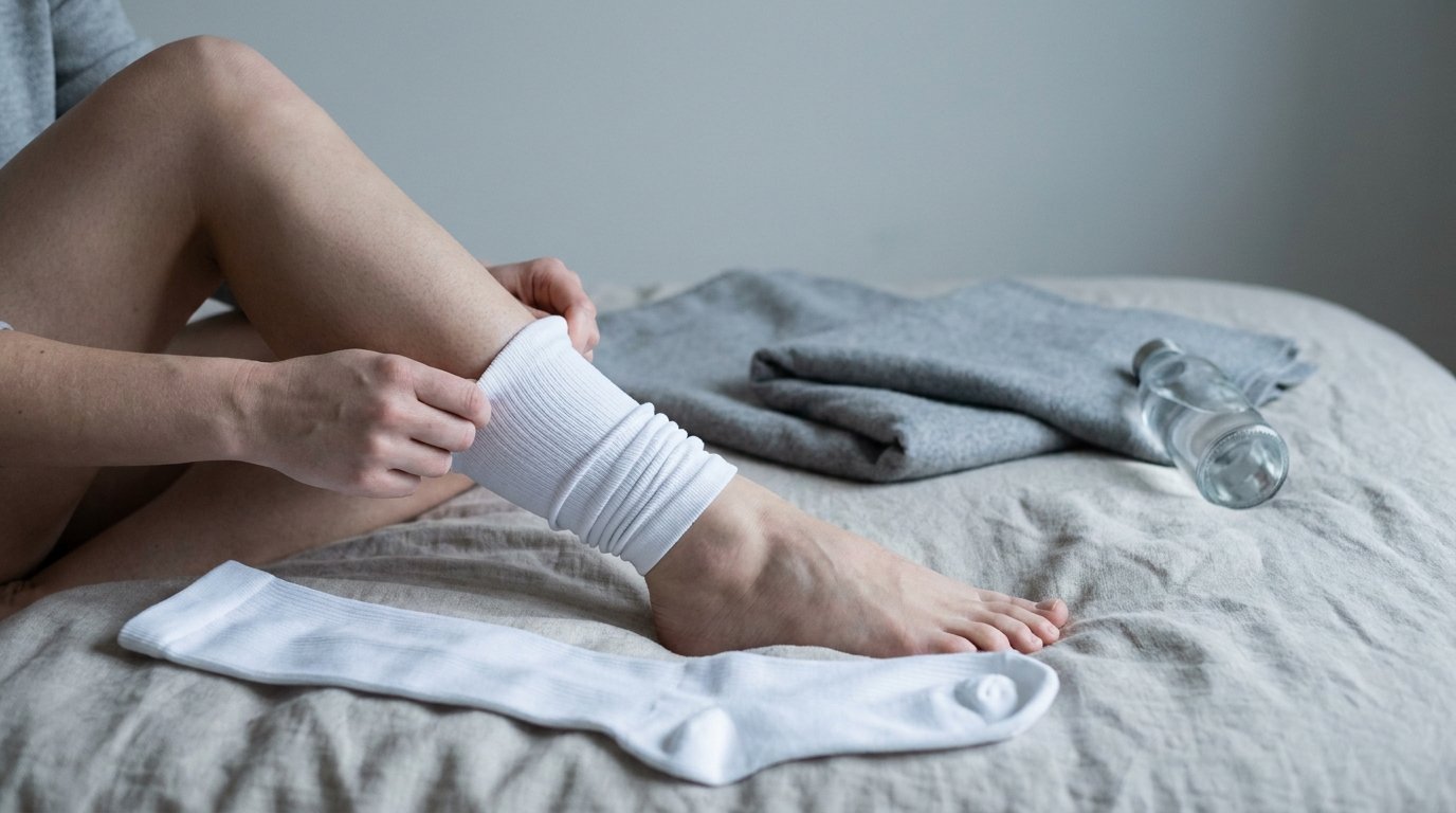 Hands rolling a white medical compression stocking onto a bare calf, a second stocking and water bottle nearby.