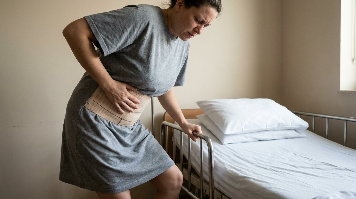 Woman in a compression binder standing bent forward beside a hospital bed, one hand on her abdomen.