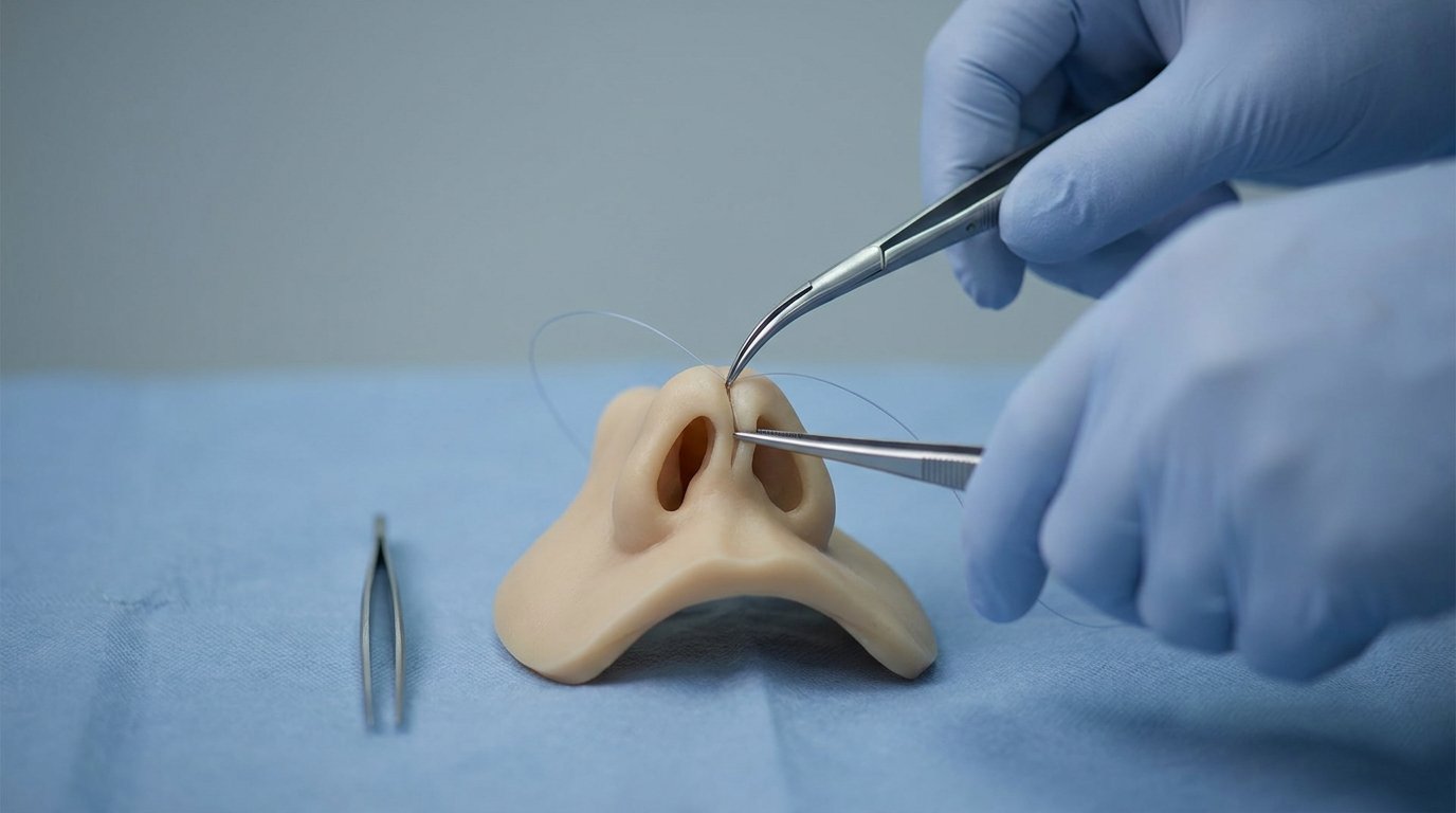 Gloved hands using a needle-holder and suture to draw two flexible tip-cartilage segments closer together on a nose model.