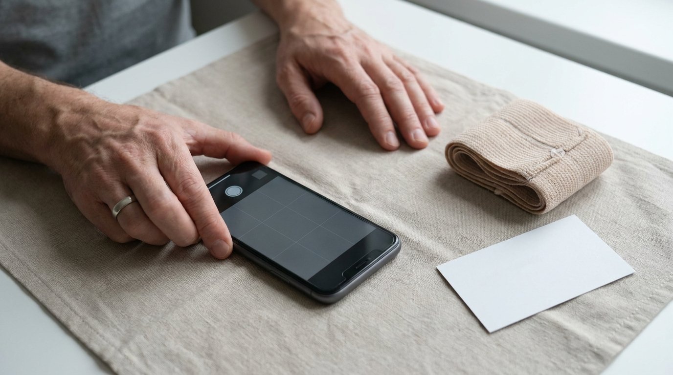 Flat-lay of a smartphone with a blank camera frame, a folded compression support garment, and a plain appointment card on neutral cloth, with two hands steadying the phone.