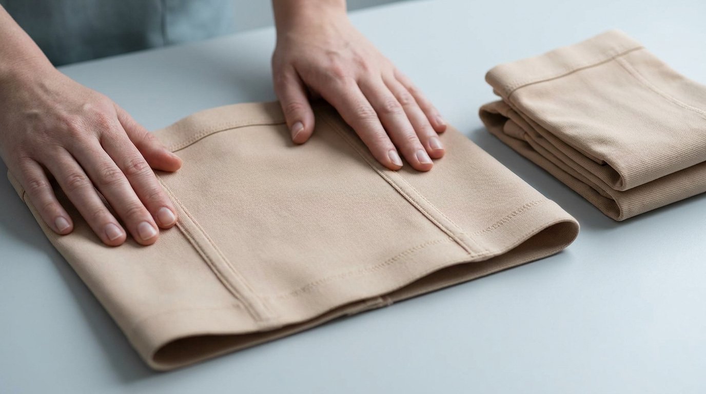 Two hands smoothing out a flat beige abdominal compression garment on a plain surface, with a folded spare garment resting beside it.