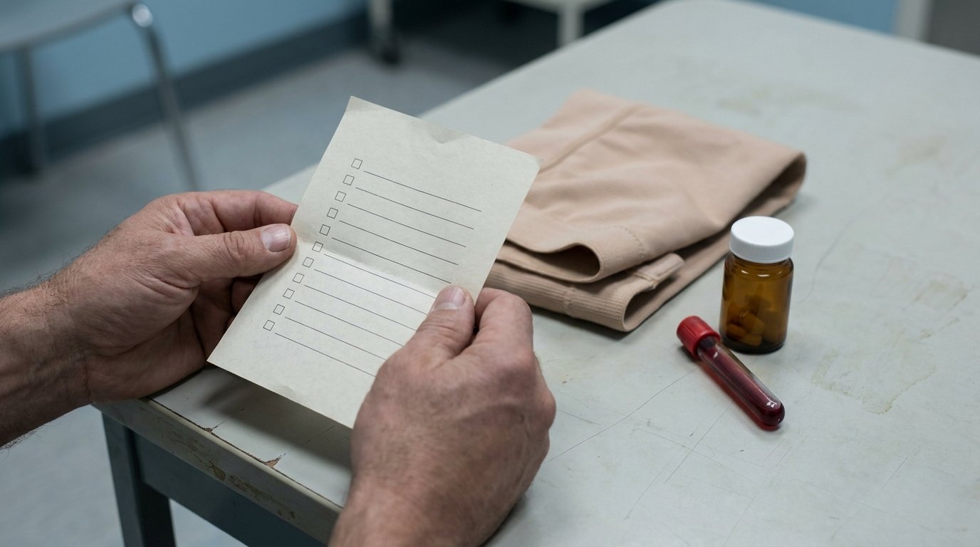 Two hands holding a printed itemised cost sheet on a plain desk beside a folded compression garment, a small bottle and a blood-test vial.