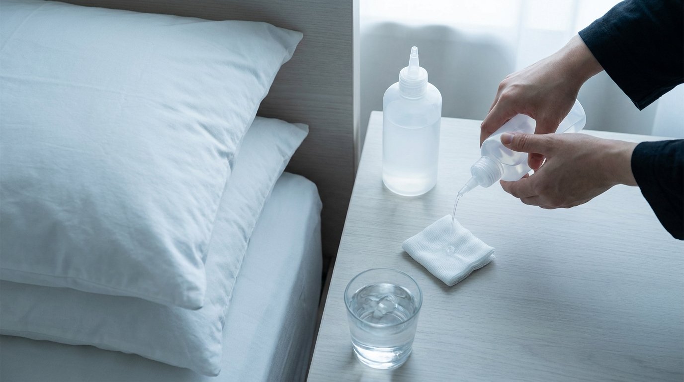 A raised pillow wedge on a bed beside an unbranded saline rinse bottle, gauze and a glass of water, with hands squeezing the bottle.