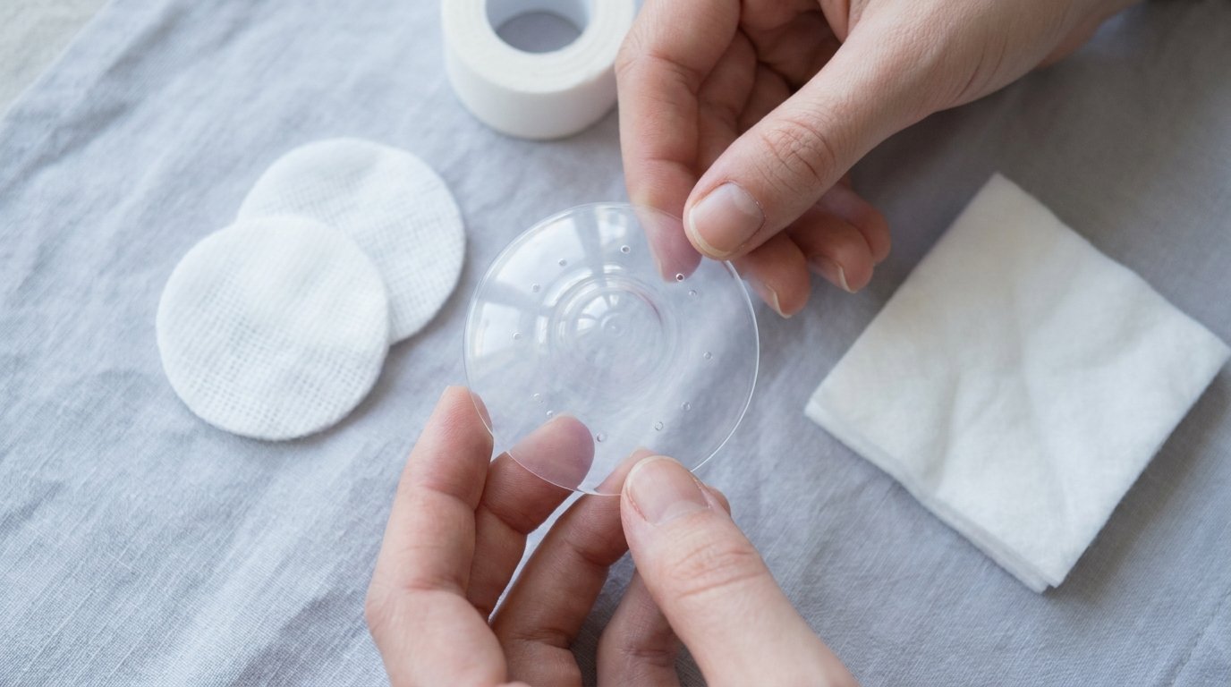 Hand holding a small cupped nipple shield beside round gauze dressings, surgical tape and a cotton pad on a pale cloth.